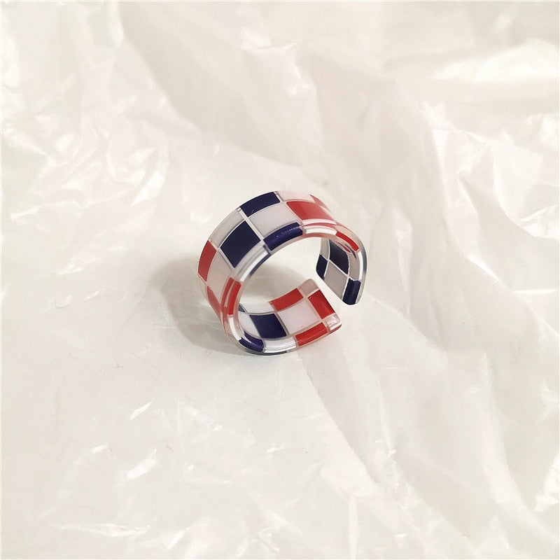 SKHEK 2022 New Korea Ins Vintage Simple Resin Colorful  Plaid Opening Rings For Women Girls Fashion Aesthetic Jewelry Accessories Gift