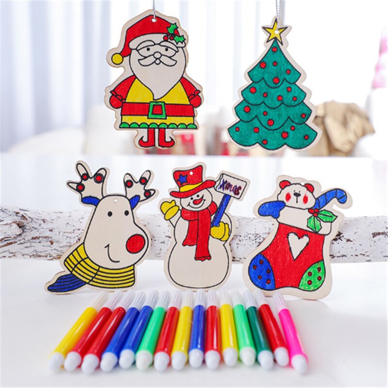 Christmas Gift Merry Christmas Xmas Gift Children DIY Color Painting Wooden Pendant Christmas Decoration 2020 Navidad Noel 2021 Christmas