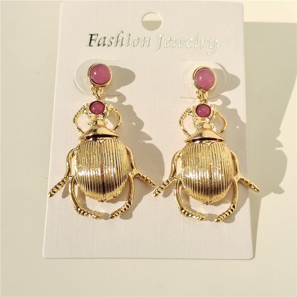 SKHEK Vintage Gold Color Metal Geometric Beetle Insect Drop Earrings For Women Girls Bohemian Jewelry Party Travel 2022