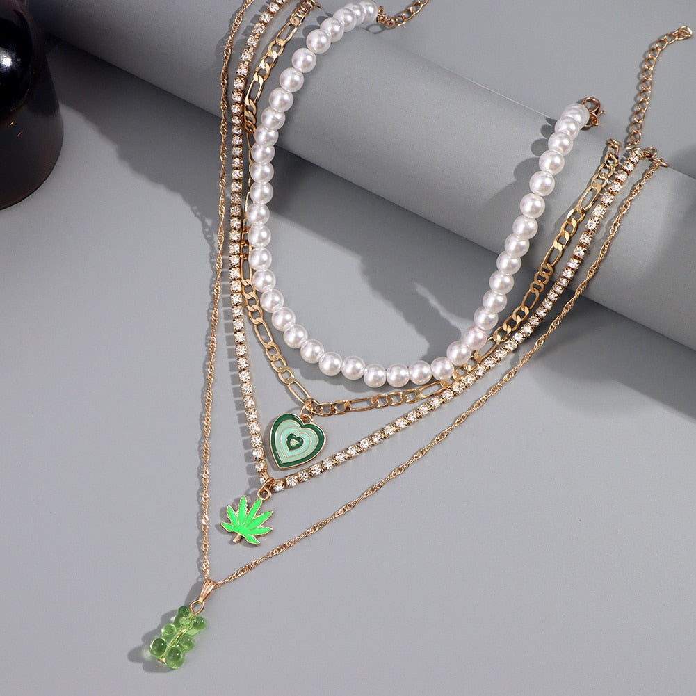 SKHEK New Multi-Layer Enamel Heart Leaf Crystal Chain Necklace For Women Green Gummy Bear Pendant Pearl Necklace Fashion Jewelry Gift