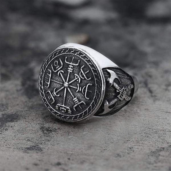 Skhek Hip Hop Rock Punk Nordic Mythological Story Viking Compass Silvery Ring Luxury Personality Rings for Men Women OSR539