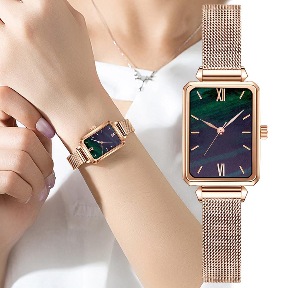 Christmas Gift Rectangle Women Fashion Watches Elegant Ladies Quartz Wristwatches Luxury Black Gradient Green Simple Female Watch Mesh Clock
