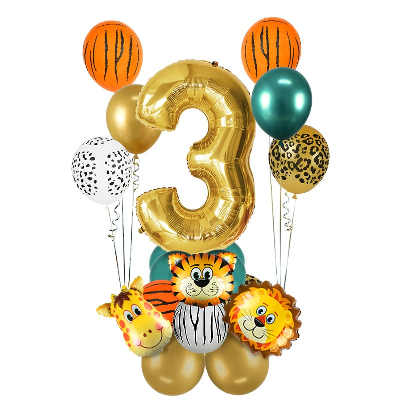 18Pcs Jungle Animal Balloons Set Chrome Metallic Latex Balloon 32inch Gold Number Globos Kids Birthday Party Baby Shower Decor