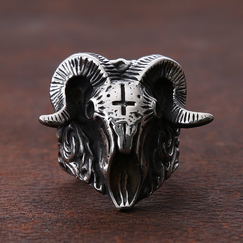 Skhek Vintage Distressed Skull Satan Ring Men Punk Hip Hop Stainless Steel Gothic Ring Fashion Biker Rings For Men Jewelry