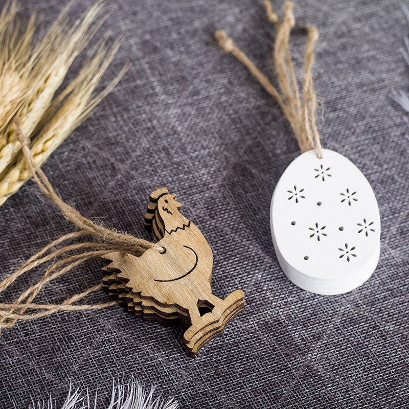 8pcs Easter Rabbit Egg Chick Wooden Craft Hanging Ornaments Natural DIY Handcraft Wood Slices Pendant Happy Easter Party Decor