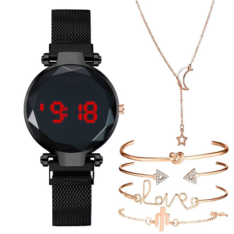 Christmas Gift Luxury Digital Magnet Watches For Women Rose Gold LED Quartz Watch Bracelet Necklace set gift Female Clock Relogio Feminino
