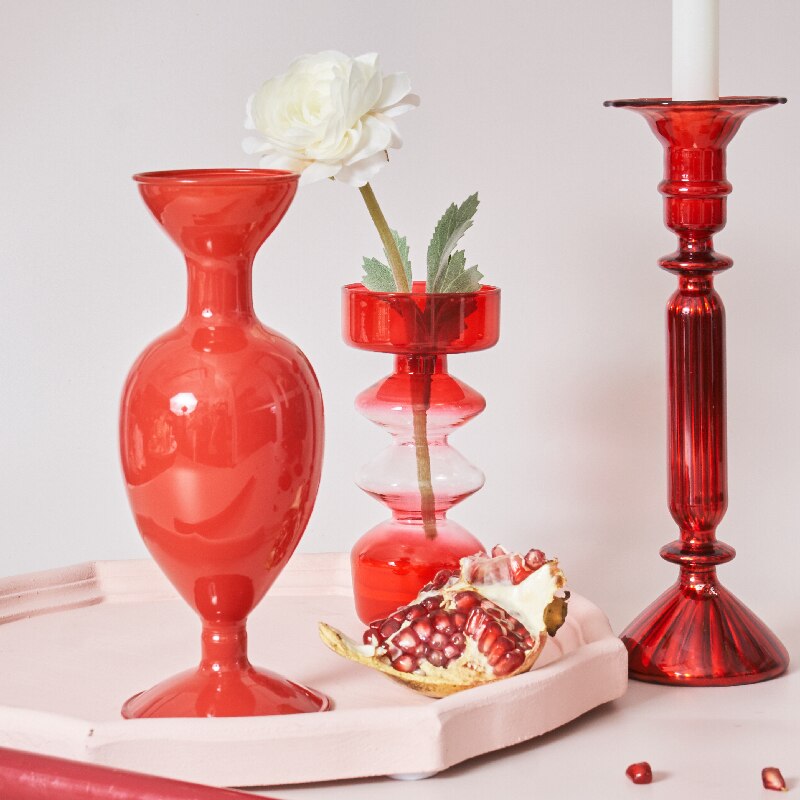 Floriddle Creative Red Glass Taper Candle Holder Christmas Gift Wedding Table Decoration Home Decoration DryFlower Vase