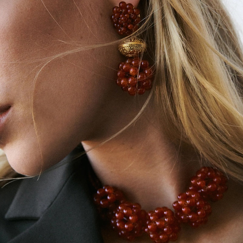 Skhek New Bohemian Baroque Beaded Spherical Metal Asymmetrical Drop Earrings Hand-Woven Earrings For Women Retro Jewelry 2022