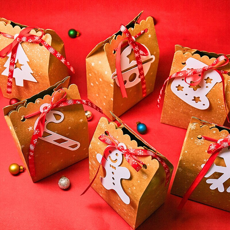 6PCS Christmas Kraft Paper Bag Santa Claus New Year Party Gift  Box Pakcaging Handle Bag Child Favors Cookies Snack Decoration