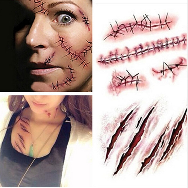 SKHEK Halloween Body Makeup Tattoo Stickers Simulation Horror Bleeding Suture Scars Stickers Halloween DIY Decoration Party Supplies