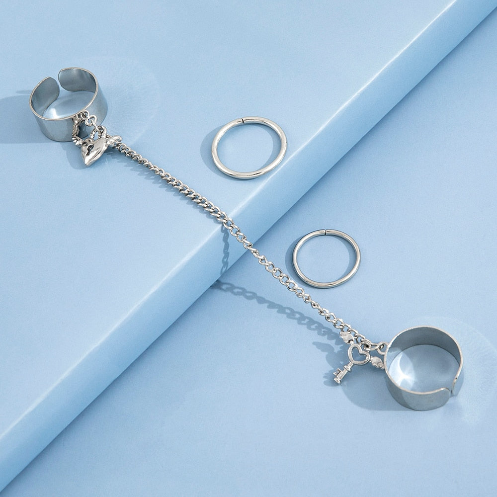 Skhek  4Pcs Vintage Heart Lock Rings Set for Women 2022 Trend Aesthetic Kpop Chain Anillos Korean Fashion Jewelry Accessories