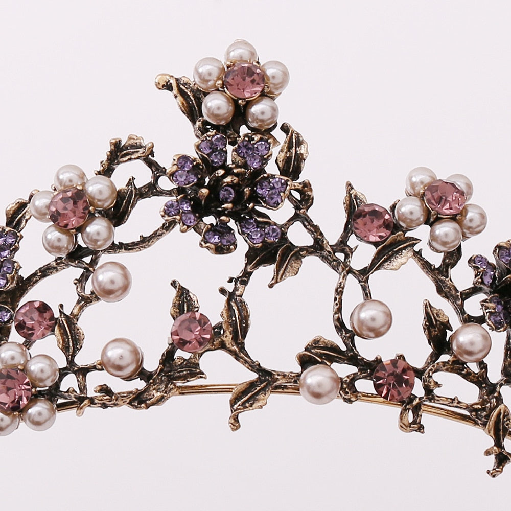 Baroque Vintage Black Purple Crystal Pearls Bridal Tiaras Crown Rhinestone Pageant Diadem Veil Tiara Wedding Hair Accessories