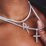 Skhek Punk Hip Hop Rhinestone Cross Pendant Necklace For Women Men Bling Iced Out Crystal Chain Choker Necklace Jewelry On The Neck