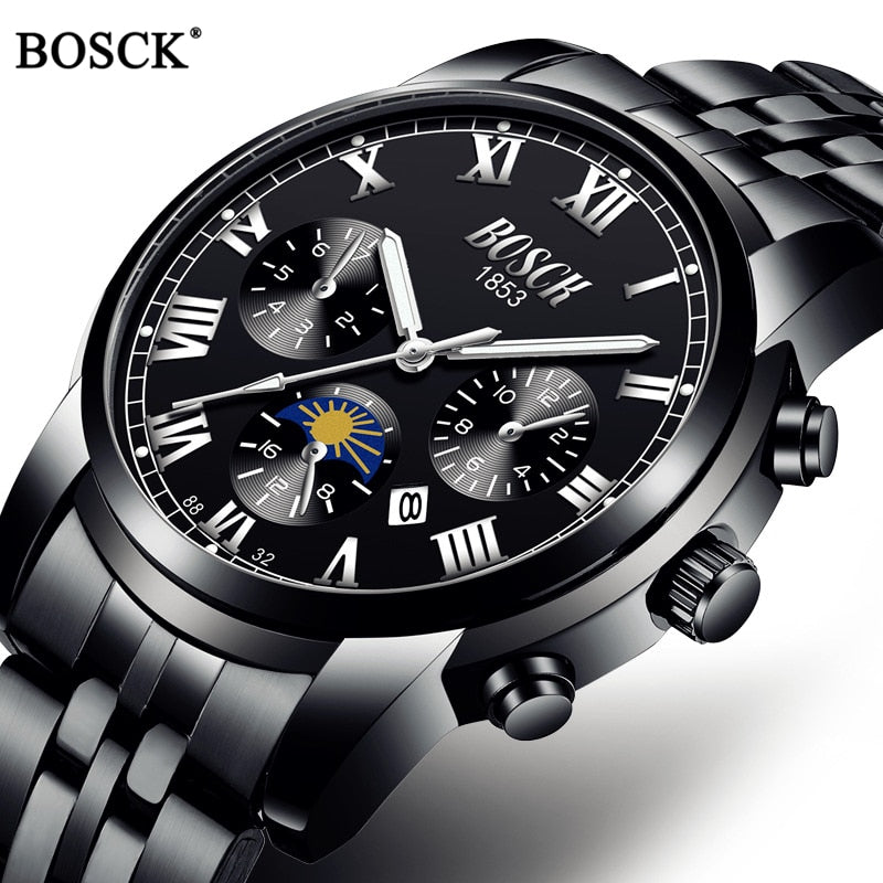 Christmas Gift BOSCK Brand 2020 Luxury Men Watches Sport Quartz  Waterproof Watches Classic Men's Stainless Steel Band Auto Date Wristwatches