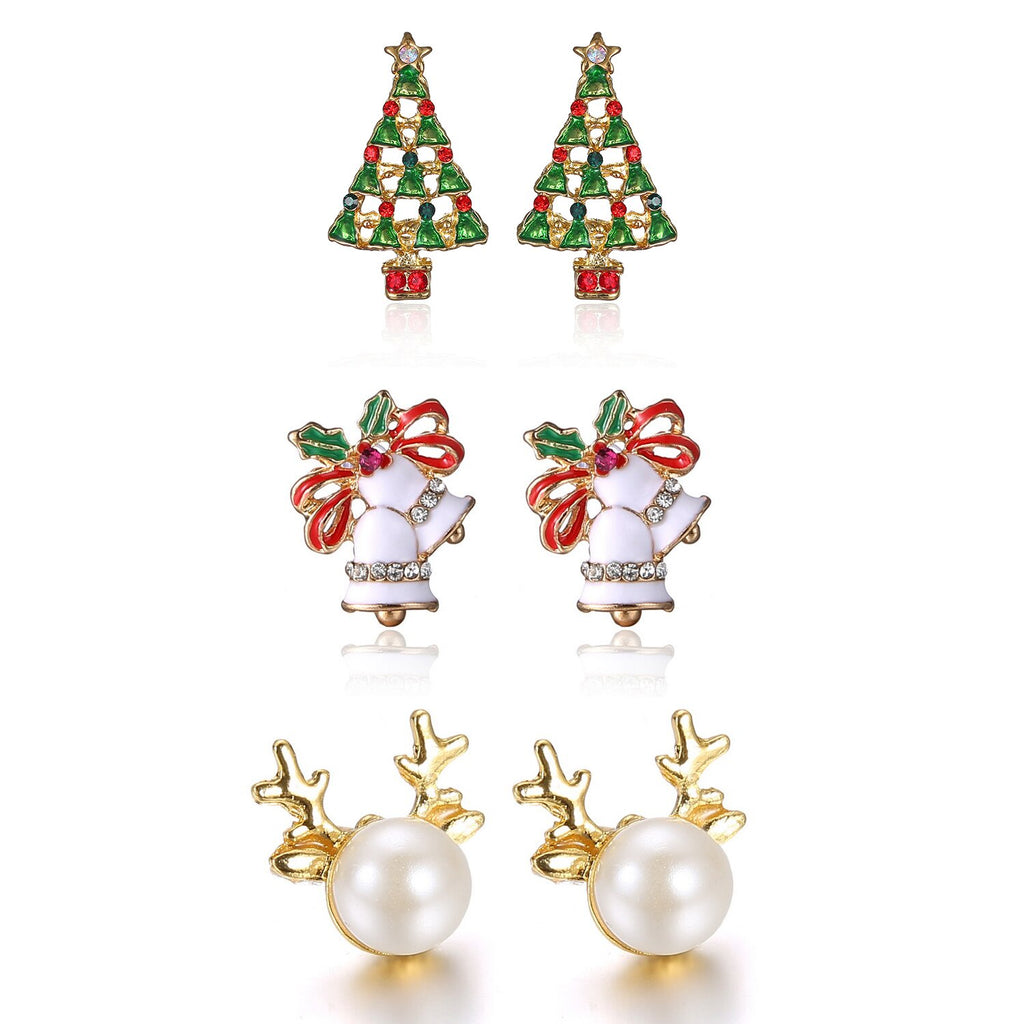Christmas Gift 3 Pairs/Set Christmas Earrings For Women Rhinestone Christmas Tree Pearl Bells Hat Stud Earrings Girls New Year Jewelry Gifts