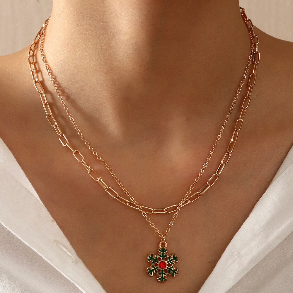 Christmas Gift Alloy Classic Pendant Necklace Christmas Tree Bells Snowflake Xmas Jewelry Double Clavicle Chain Gift Collares Accessories