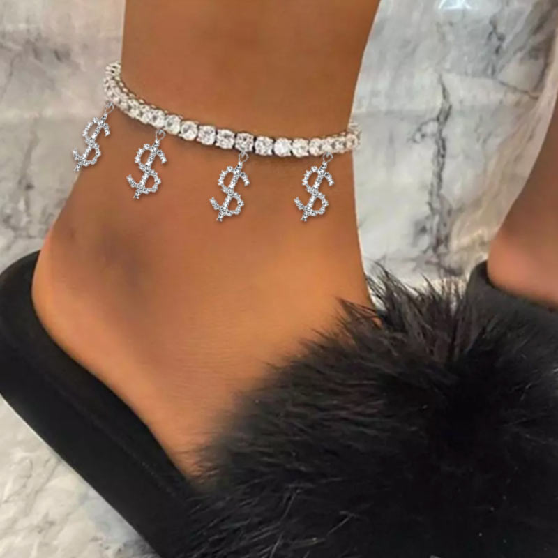 Skhek Bling Rhinestone Novelty Dollar Sign Pendant Anklet Women Gold Silver Color Crystal Tennis Chain Anklets Beach Barefoot Jewelry