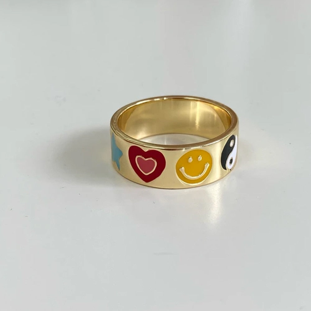 2022 New Korean Trendy Vintage Double Layer Dripping Oil Enamel Color Contrast Heart Metal Rings for Women Couple Jewelry HZ