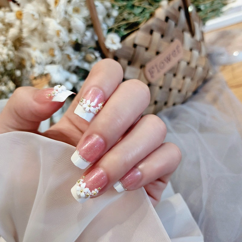 SKHEK Bride Shining Rhinestone Wedding False Nails Ladies Simple Fashion French Fake Nails White Beige Acrylic Nail Tips With Glue