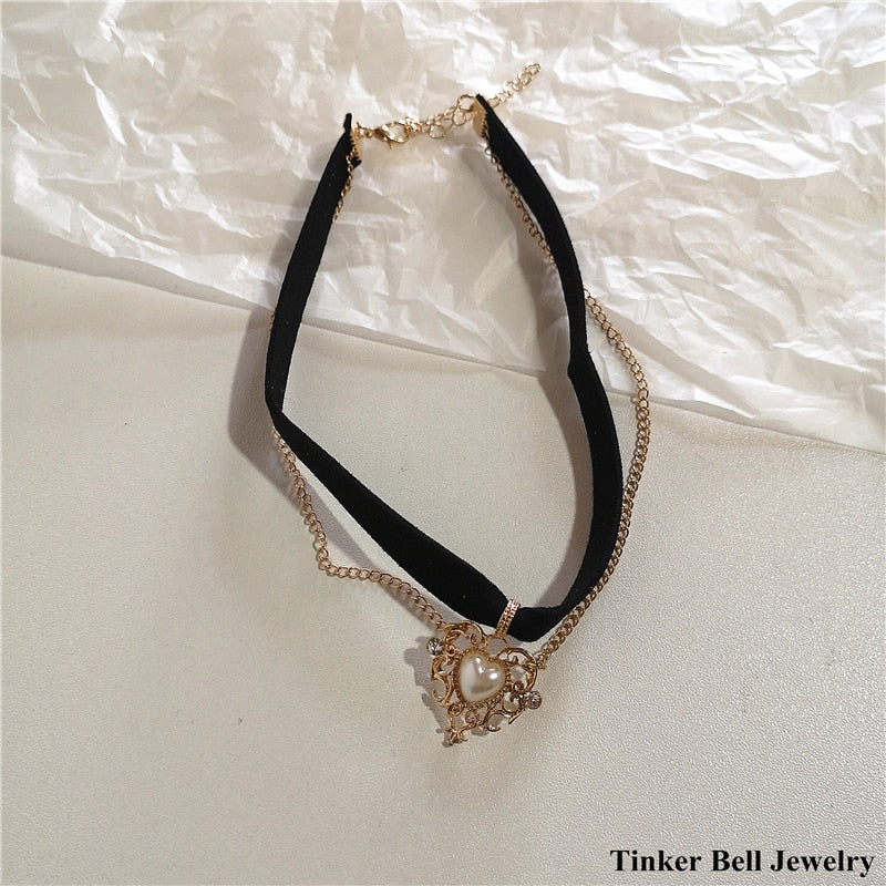 SKHEK 2022 Kpop Vintage Baroque Aesthetic Love Heart Pendant Zircon Pearl Chain Choker Necklace For Women Y2K Halloween Party Jewelry