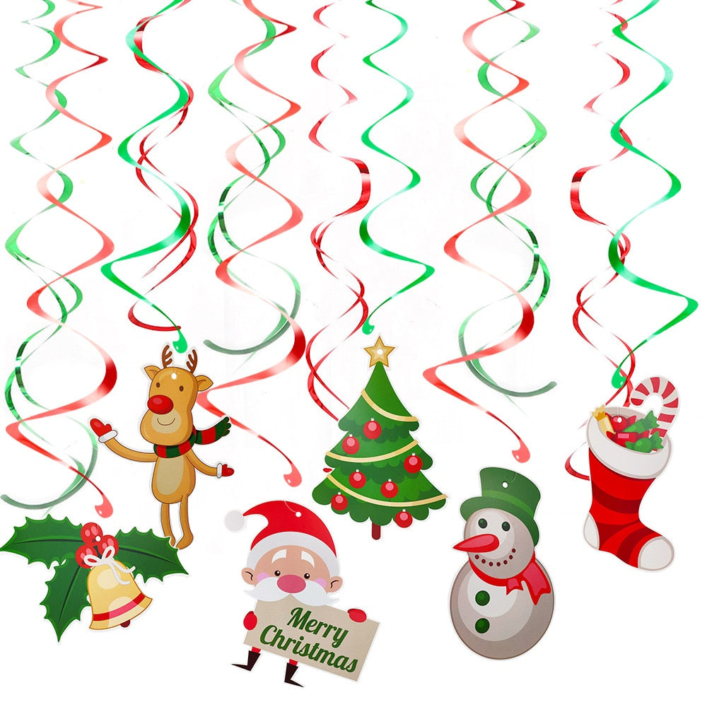 18pcs Christmas Spiral Hanging Navidad Decoration Hanging Garlands Santa Elk Bell Swirl Banner for Xmas Party Home Living Decor