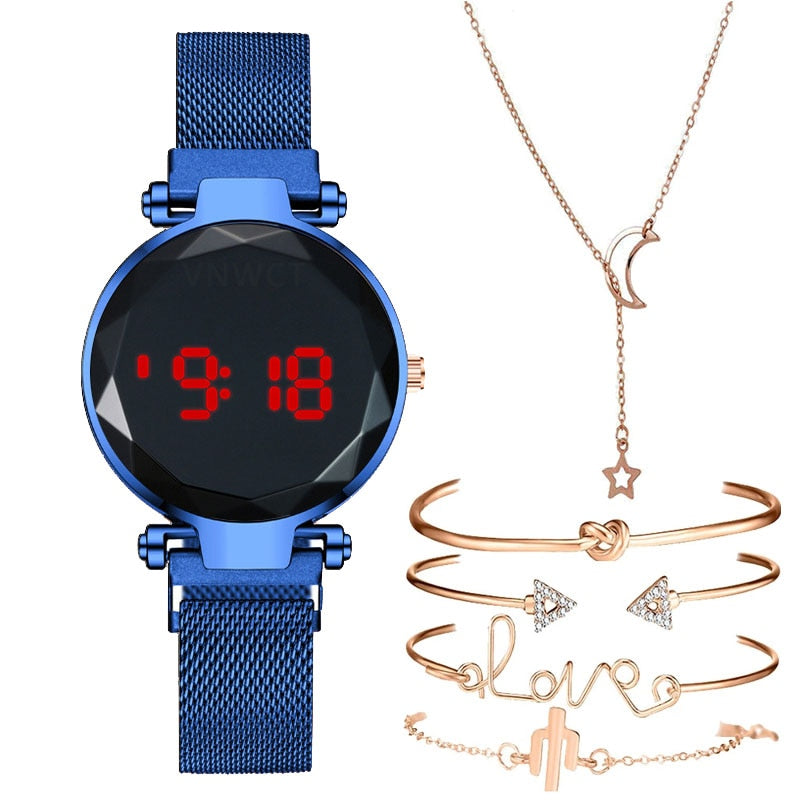 Christmas Gift Luxury Digital Magnet Watches For Women Rose Gold LED Quartz Watch Bracelet Necklace set gift Female Clock Relogio Feminino
