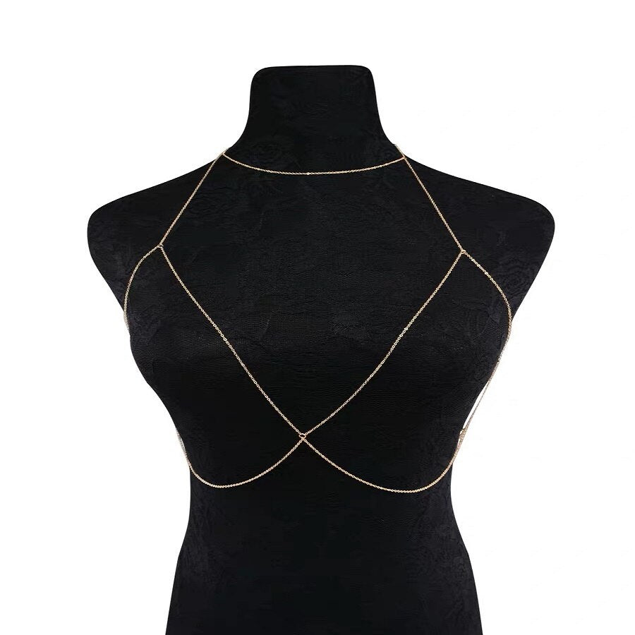 Minimalist Body Fashion Jewelry Sexy Beach Gold Silver Color Cage Bra Rhinestones Cross Turkish Body Chain for Women