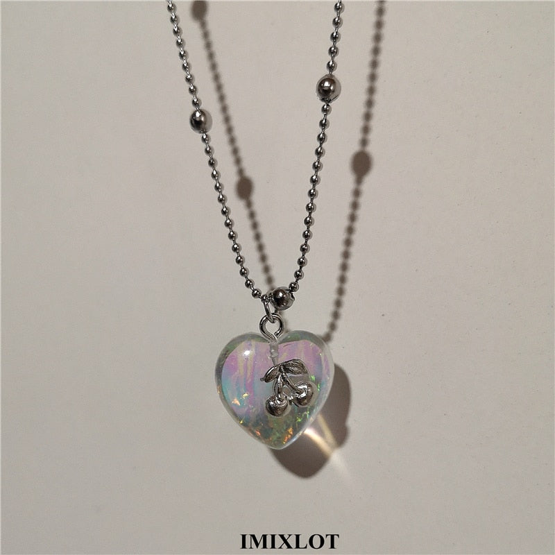 SKHEK Kpop Harajuku Pink Purple Heart Butterfly Neck Bead Chain Necklace For Women Egirl Aesthetic EMO Goth Y2K Jewelry Accessories