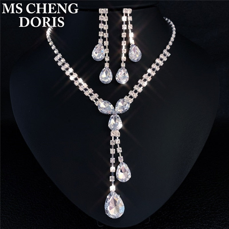 Water Drop Rhinestone Long Pendant Full Crystal Silver Plated Necklace & Earrings Elegant Bridal Wedding Jewelry Set