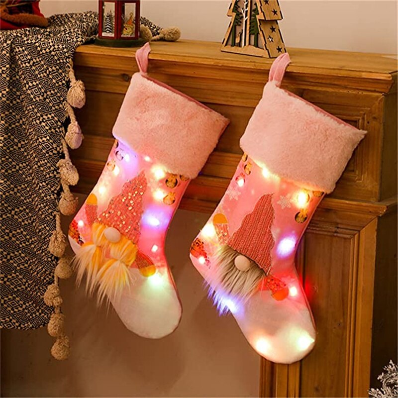 Christmas Gift New Christmas Stockings Socks LED Light Up Large Pink Christmas Decoration Candy Gift Bag Fireplace Xmas Tree Hanging Ornaments