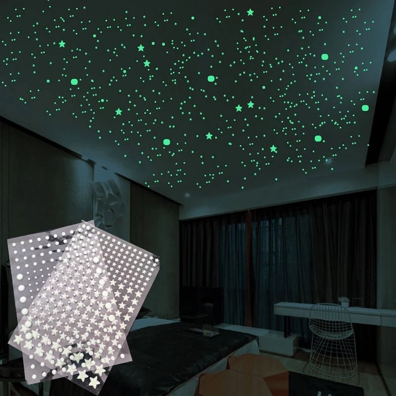Skhek Luminous 3D Stars Dots Wall Sticker for Kids Room Bedroom Home Decoration Glow In The Dark Moon Decal Fluorescent DIY Stickers