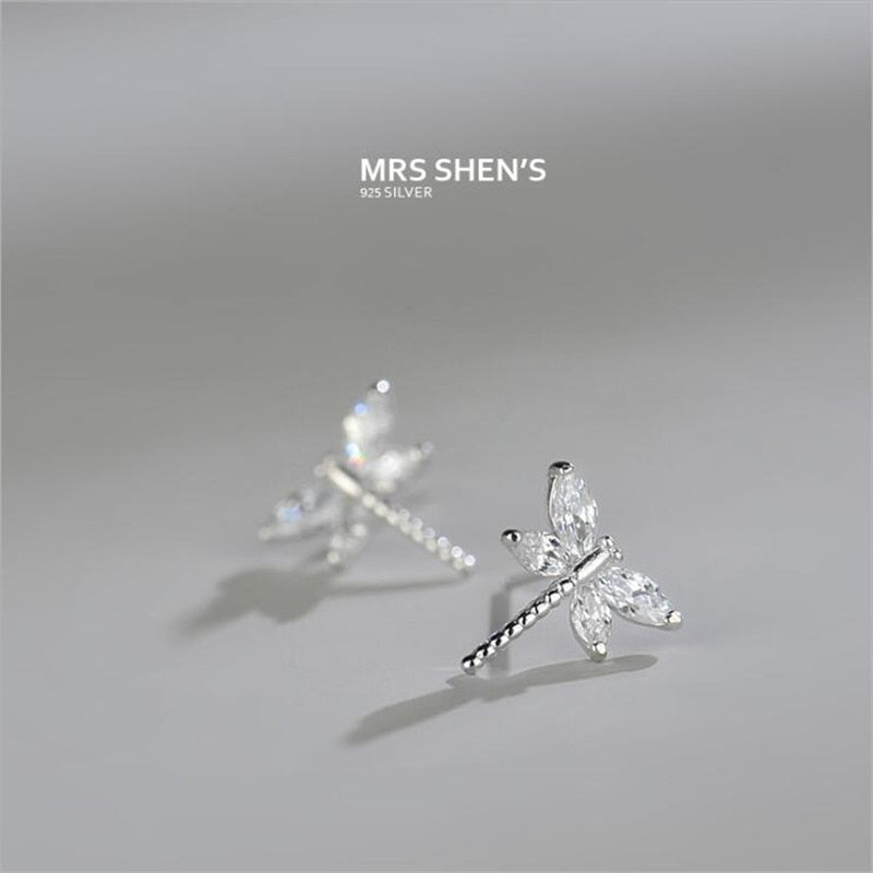 Christmas Gift New Fashion Temperament Dragonfly 925 Sterling Silver Jewelry Personality Not Allergic Exquisite Crystal Stud Earrings  E067