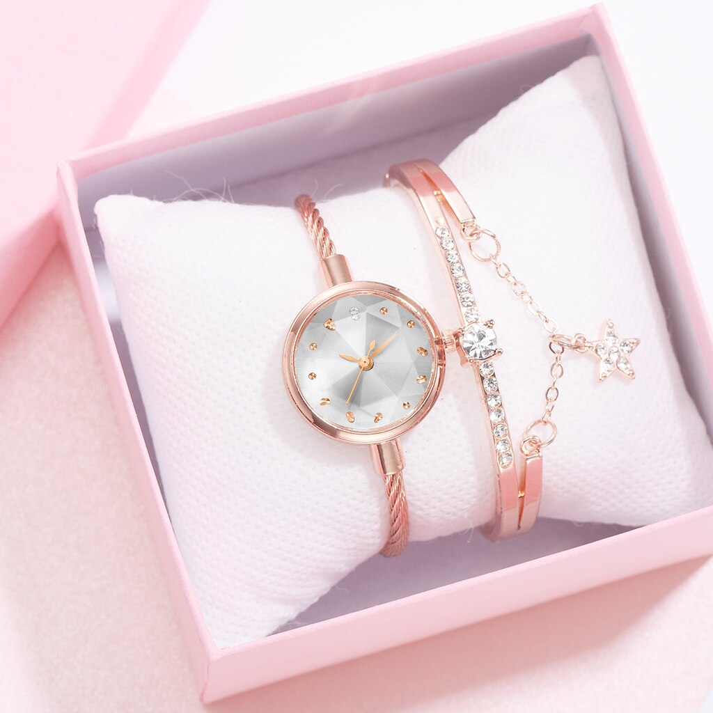 Christmas Gift 2pcs/Set Watch And Bracelete Women Diamond Geometric Glass Luxury Bracelet Set Watches Ladies Casual Quartz Wristwatch Clock