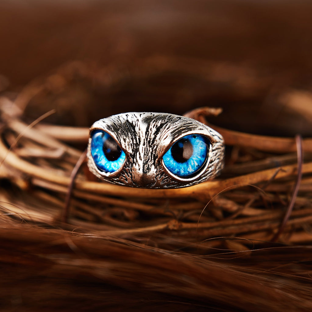 Skhek Fashion Vintage Cute Blue Eyes Owl Ring For Men Women Open Rings Silver Color Engagement Wedding Couple Ring Jewelry Gifts