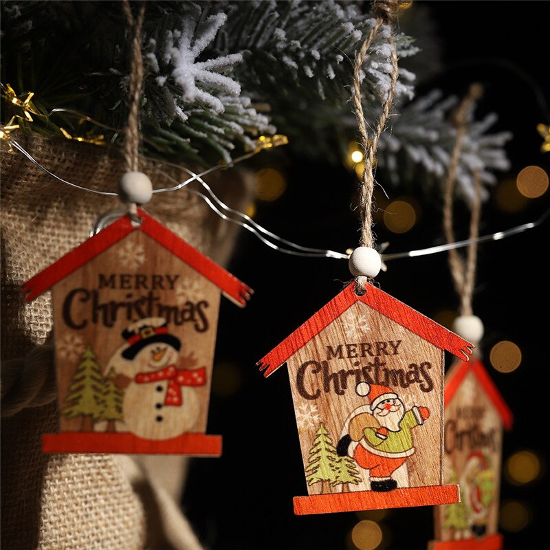 Christmas Gift 1pcs Creative House Christmas Wooden Pendants Xmas Tree Ornaments DIY Wood Crafts Home Christmas Party Decoration Kids Gift 2021