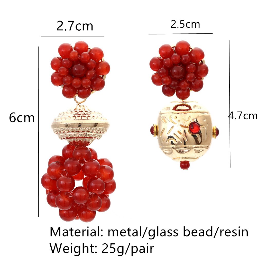 Skhek New Bohemian Baroque Beaded Spherical Metal Asymmetrical Drop Earrings Hand-Woven Earrings For Women Retro Jewelry 2022