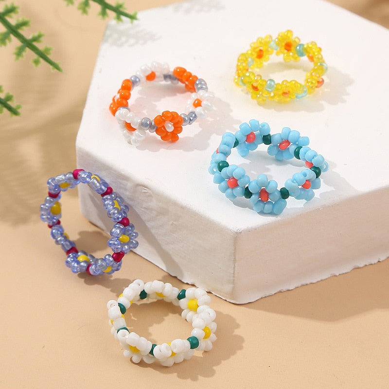 Skhek European and American creative hand-woven flower rice bead ring female bohemian beaded color ring jewelry