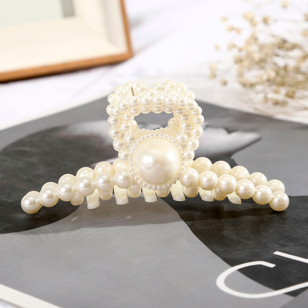 Solid Color Big Pearls Hair Claw Clip Flower Large Barrettes Crab Bat Hairpins Ponytail For Women Girls Hair Accessories Styling