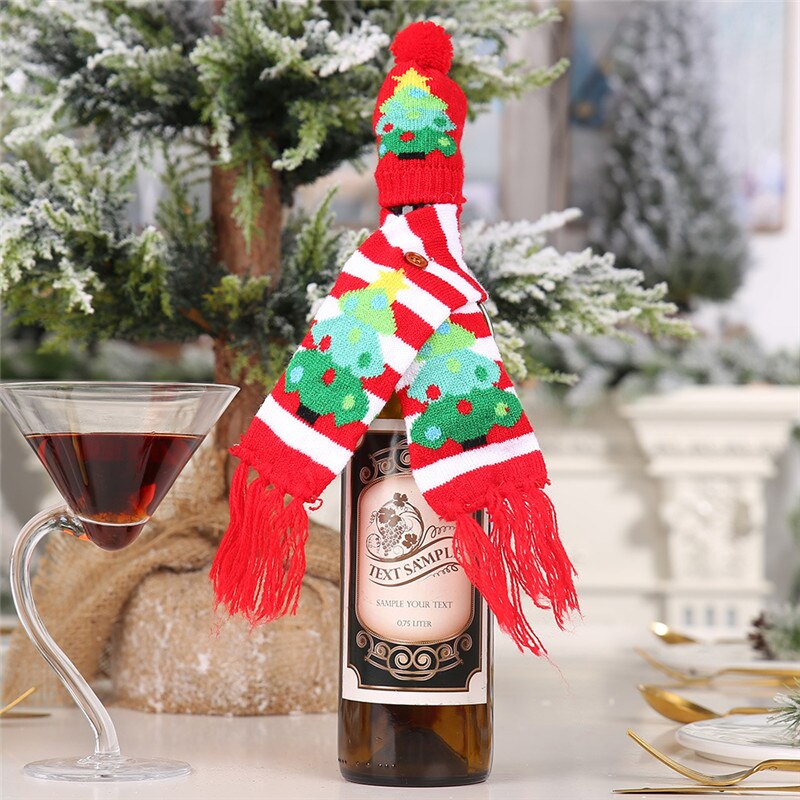 Christmas Gift Mini Christmas Hat Scarf Red Wine Bottle Cover Santa Claus Christmas Tree Snowflake Dot Stripe Hat Scarf Dining Table Decor