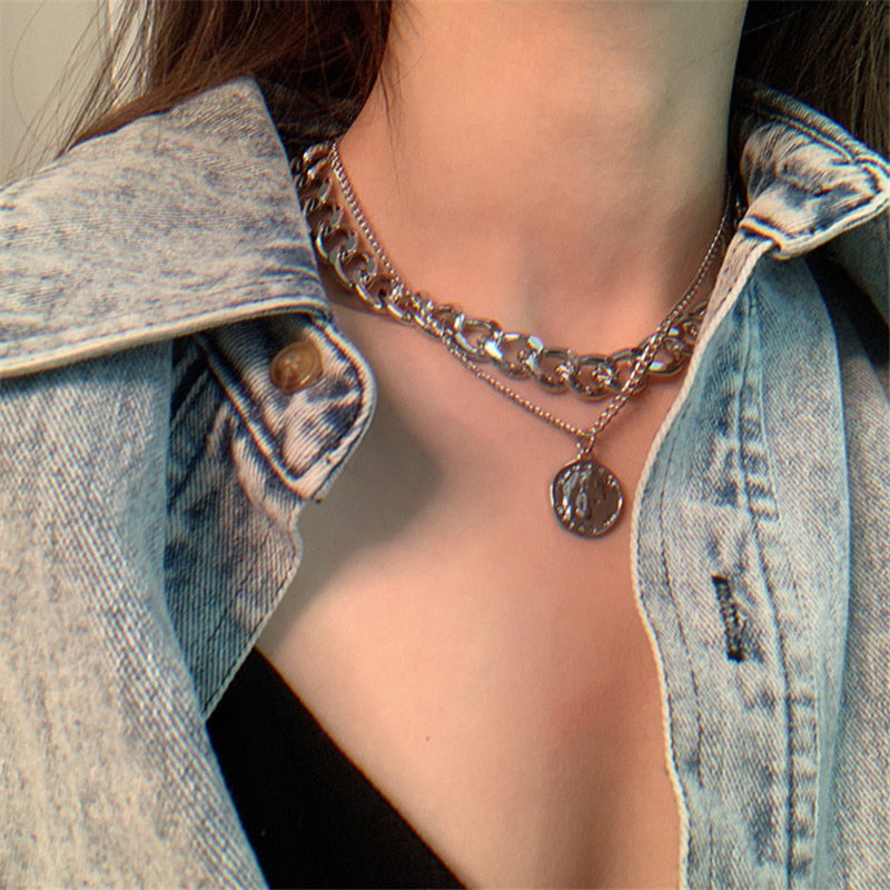 Retro Portrait Exaggerated Thick Chain Necklace Double Layer Cool Chain Hip Hop Necklace Short Clavicle Chain Accessories