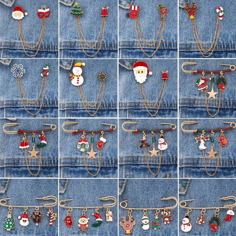 Christmas Gift Christmas Santa Claus Snowman Snowflake Enamel Alloy Badge Brooch Pin Double Chain Christmas Brooch Fashion Xmas Jewelry