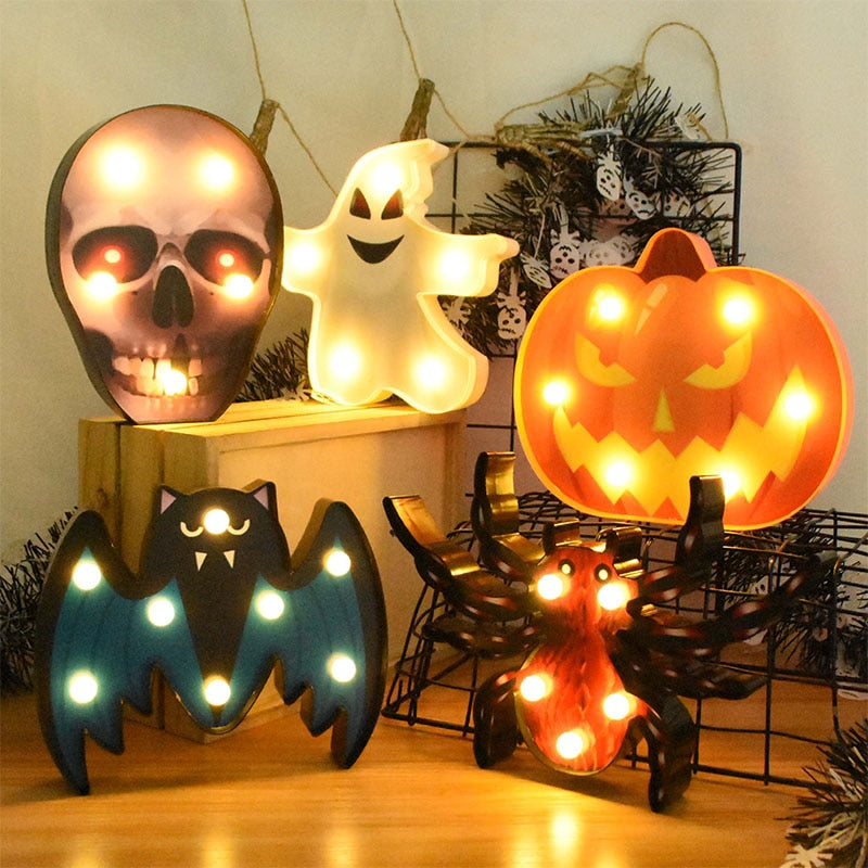 SKHEK Halloween Decoration Pumpkin Spider Bat Witch Ghost Skull Led Light Night Lamp For Room Home Decor Festival Bar Party Supplies