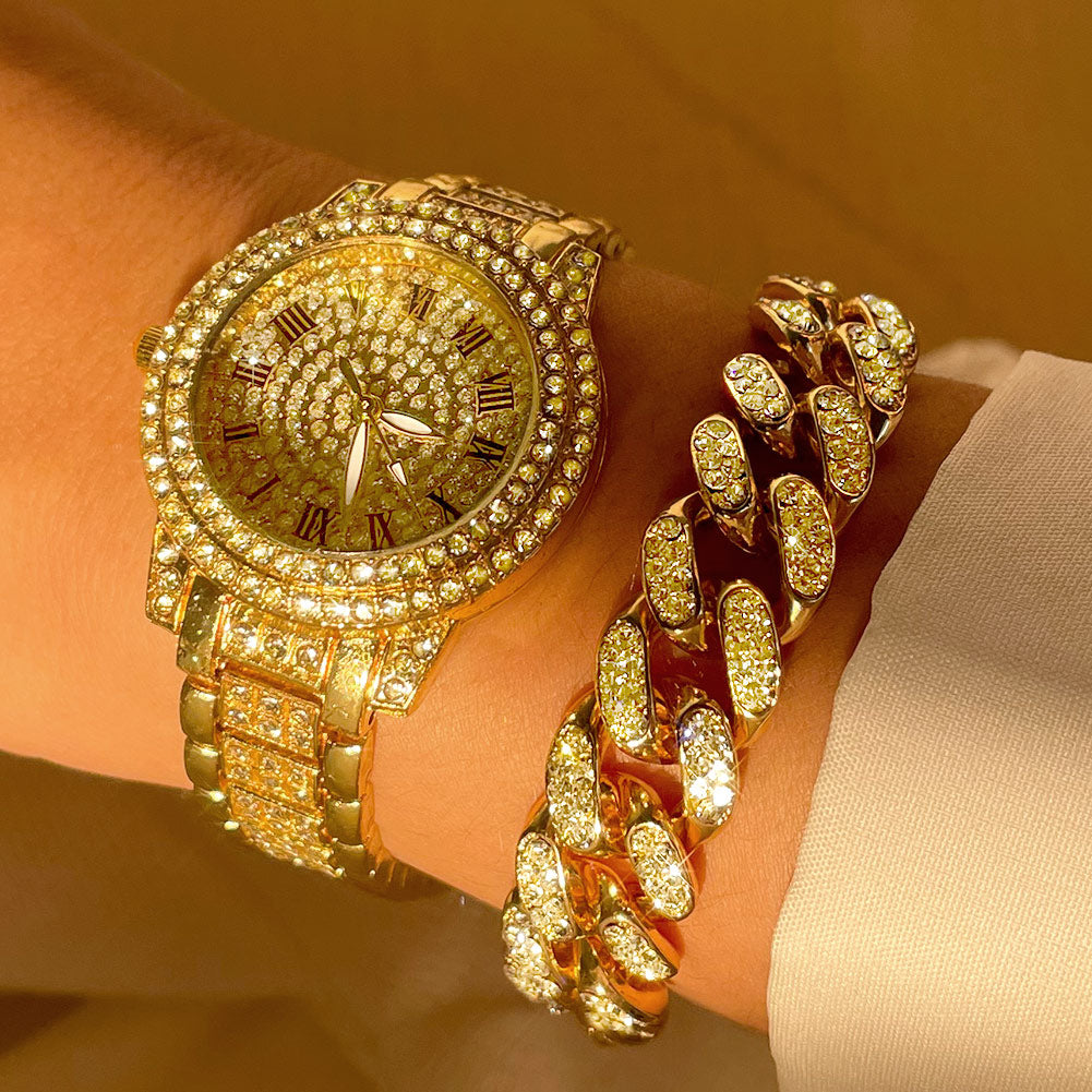 Skhek Iced Out Rose Gold Silver Color Watch Women's Luxury Rhinestone Cuban Chain Bracelet Watches Fashion Wrist Watch Hip Hop Jewelry