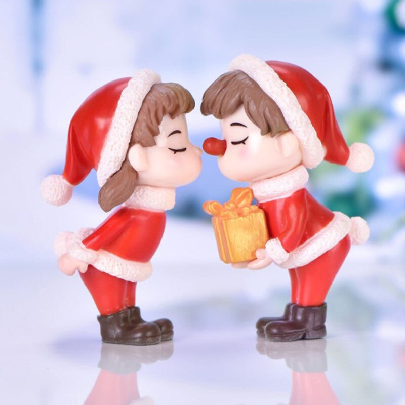 2Pcs/Set Lovely Mini Christmas Couple Dolls Ornaments Resin Figurines Decoration