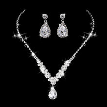 Load image into Gallery viewer, Water Drop Rhinestone Long Pendant Full Crystal Silver Plated Necklace &amp; Earrings Elegant Bridal Wedding Jewelry Set