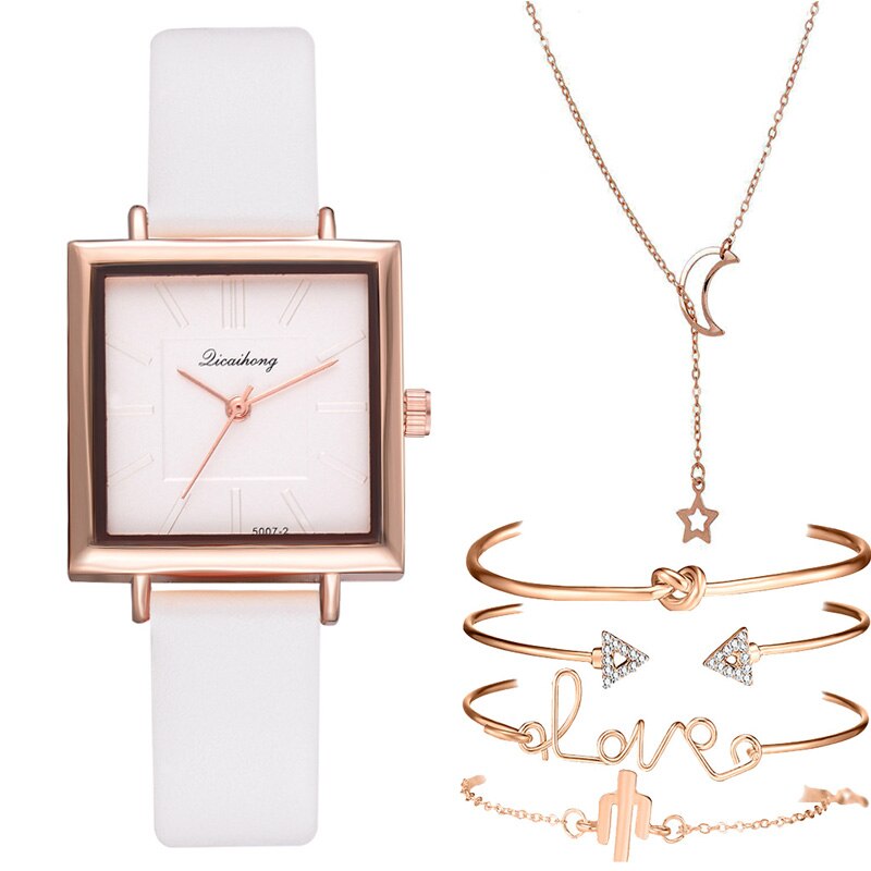 Christmas Gift 6pcs Set Bracelet Necklace Fashion WristWatch Women's Luxury Leather Quartz Ladies Watch Women Dress Reloj Mujer Black Clock