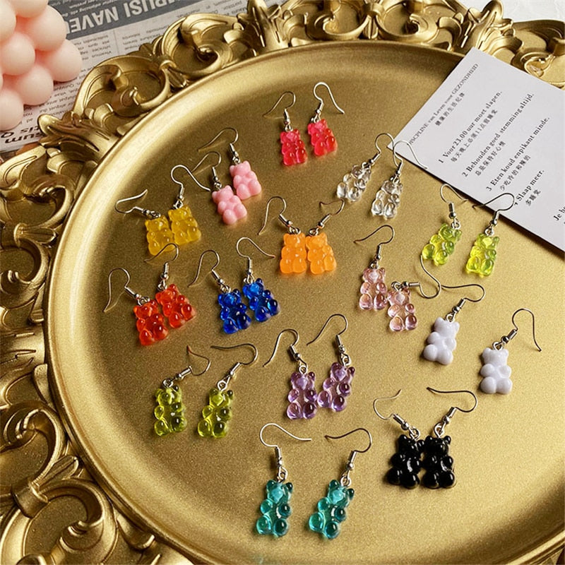 New Fashion Sequins Resin Gummy Bear Dangle Earrings for Women Girl DIY Cartoon Animal Bear Earrings Creative Drop Jewelry Gifts