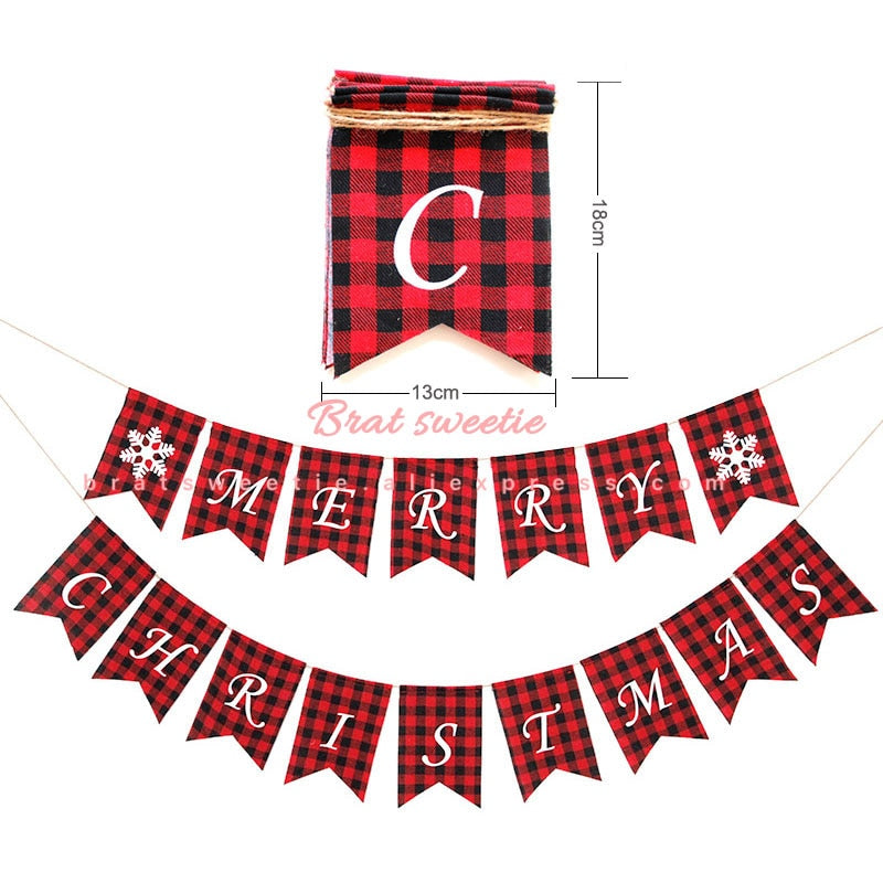 Christmas Gift Buffalo Plaid Merry Christmas Banner Burlap Noel Flag Garlands Xmas 2020 Christmas Party Decorations for Home Photo Prop