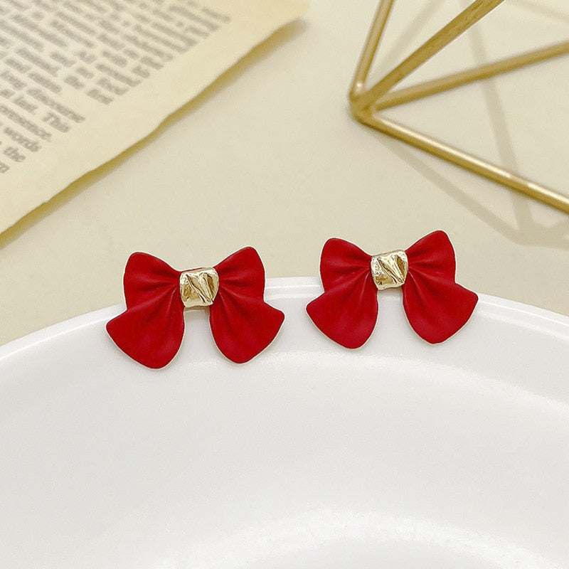 Christmas Gift Lucky Red Romantic Bow Stud Earring For Women Shiny Rhinestone Enamel Heart Bowknot Earrings Girls Christmas Festival Jewelry