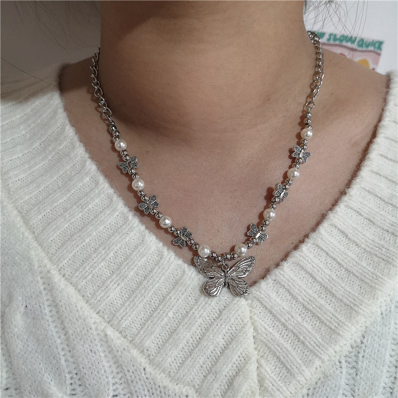 SKHEK Kpop Goth Harajuku Vintage Butterfly Angel Heart Pendant Pearls Grunge Necklace For Women Man Egirl Y2K Jewelry EMO Accessories
